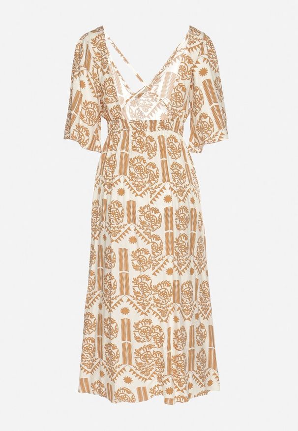 Born2be - Ciemnobeżowa Sukienka Wiskozowa Rozkloszowana z Odkrytymi Plecami w Print Boho Turaisa. Okazja: na co dzień. Typ kołnierza: dekolt w kształcie V. Kolor: beżowy. Materiał: wiskoza. Długość rękawa: długi rękaw. Wzór: nadruk. Typ sukienki: proste, rozkloszowane. Styl: boho