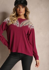 Renee - Fioletowy Sweter z Wiskozą Ozdobiony Koralikami i Cekinami Nevarita. Okazja: na co dzień. Kolor: fioletowy. Materiał: wiskoza. Długość rękawa: długi rękaw. Długość: długie. Wzór: aplikacja. Sezon: zima, jesień. Styl: elegancki, casual #4
