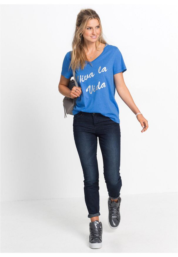 bonprix - Dżinsy Skinny, mid waist, krótsze nogawki. Kolor: niebieski. Długość: krótkie