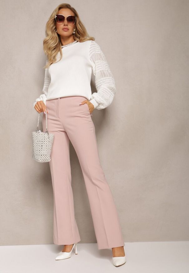 Renee - Biała Prążkowana Bluzka z Transparentnymi Bufiastymi Rękawami Glikora. Okazja: na co dzień. Kolor: biały. Materiał: prążkowany. Styl: klasyczny, casual