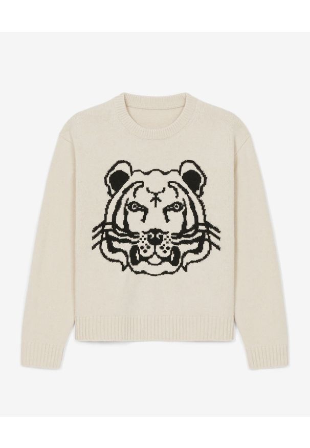 Kenzo - KENZO - Dwustronny wełniany sweter K-Tiger. Kolor: beżowy. Materiał: wełna. Długość rękawa: długi rękaw. Długość: długie. Styl: klasyczny