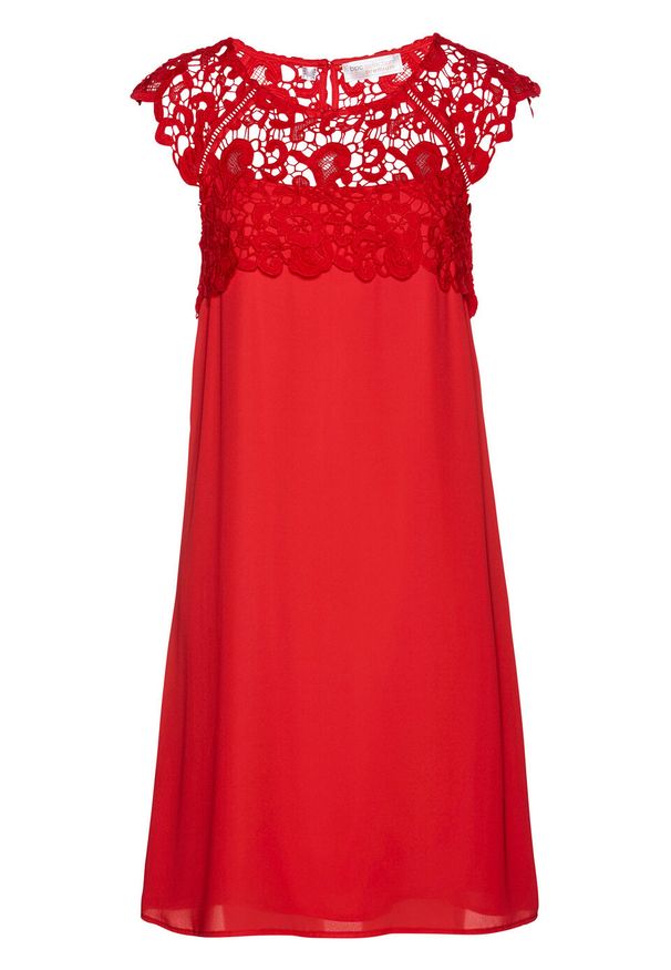 Sukienka szyfonowa z koronką bonprix czerwony sygnałowy. Kolor: czerwony. Materiał: szyfon, koronka. Wzór: koronka
