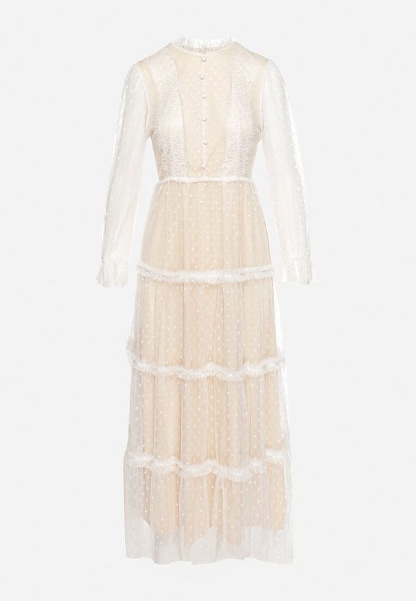 Born2be - Biała Rozkloszowana Sukienka Maxi z Przezroczystszego Tiulu Ozdobiona Koronką Lanessa. Kolor: biały. Materiał: tiul, koronka. Wzór: aplikacja, koronka. Długość: maxi