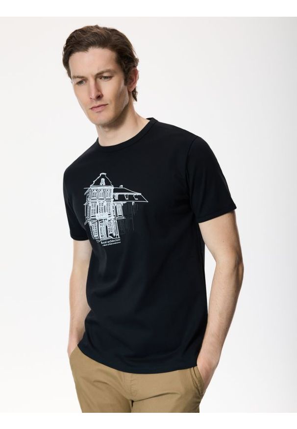 Reserved - T-shirt slim z bawełny merceryzowanej - czarny. Kolor: czarny. Materiał: bawełna