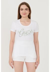 Guess - GUESS Biały damski t-shirt Script, Rozmiar S. Kolor: biały