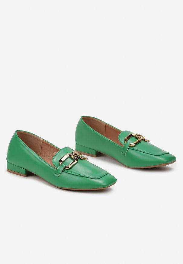 Renee - Zielone Eleganckie Mokasyny na Płaskim Obcasie z Klamerką Lorenme. Nosek buta: okrągły. Kolor: zielony. Materiał: jeans. Obcas: na obcasie. Styl: elegancki. Wysokość obcasa: niski