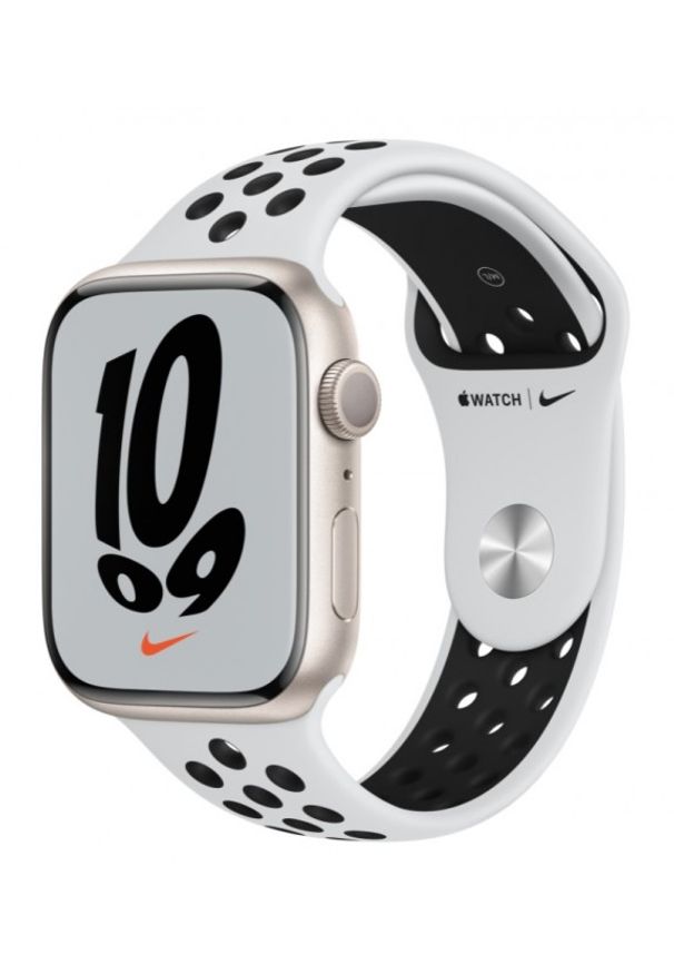 APPLE - Smartwatch Apple Watch Nike 7 GPS 45mm aluminium, księżycowa poświata | platyna/czarny pasek sportowy. Rodzaj zegarka: smartwatch. Kolor: czarny. Styl: sportowy