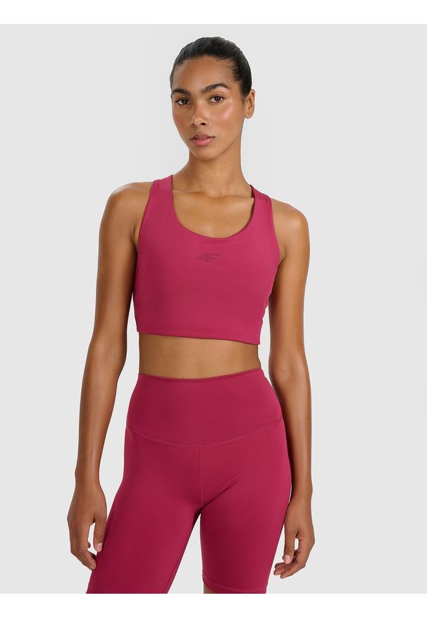 4f - 4F Biustonosz treningowy z niskim wsparciem - czerwony XS. Kolor: czerwony. Materiał: guma, elastan, materiał, włókno, syntetyk. Rodzaj stanika: wyciągane miseczki. Wzór: gładki, ze splotem. Sport: fitness, joga i pilates