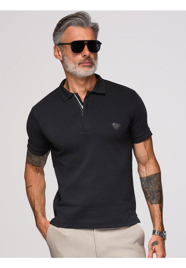 Ombre Clothing - Koszulka męska polo z dekoltem na zamek - czarna V6 - Rozmiar: XL. Okazja: na co dzień. Typ kołnierza: polo. Kolor: czarny. Materiał: bawełna, elastan, dzianina. Styl: elegancki, casual, sportowy
