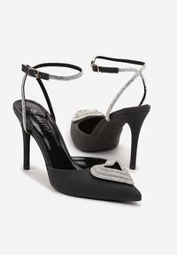 Renee - Czarne Brokatowe Sandały na Szpilce Ozdobione Serduszkiem z Cyrkonii Felicie. Zapięcie: pasek. Kolor: czarny. Wzór: aplikacja. Obcas: na szpilce. Styl: klasyczny #4