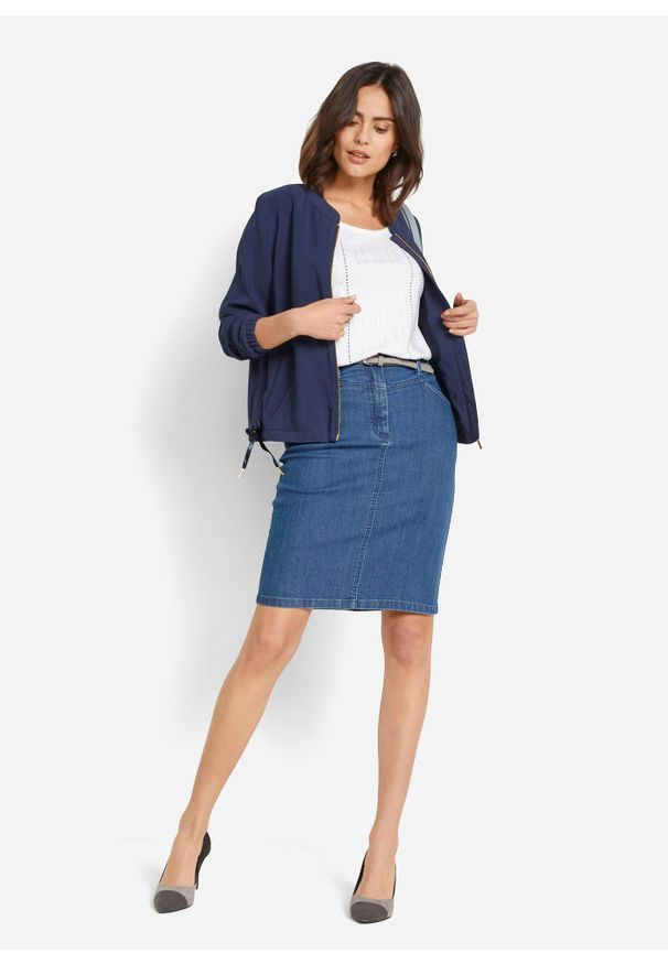 bonprix - Spódnica dżinsowa ze stretchem. Okazja: na spotkanie biznesowe, do pracy. Kolor: niebieski. Materiał: materiał. Wzór: nadruk. Styl: biznesowy, elegancki, sportowy, klasyczny