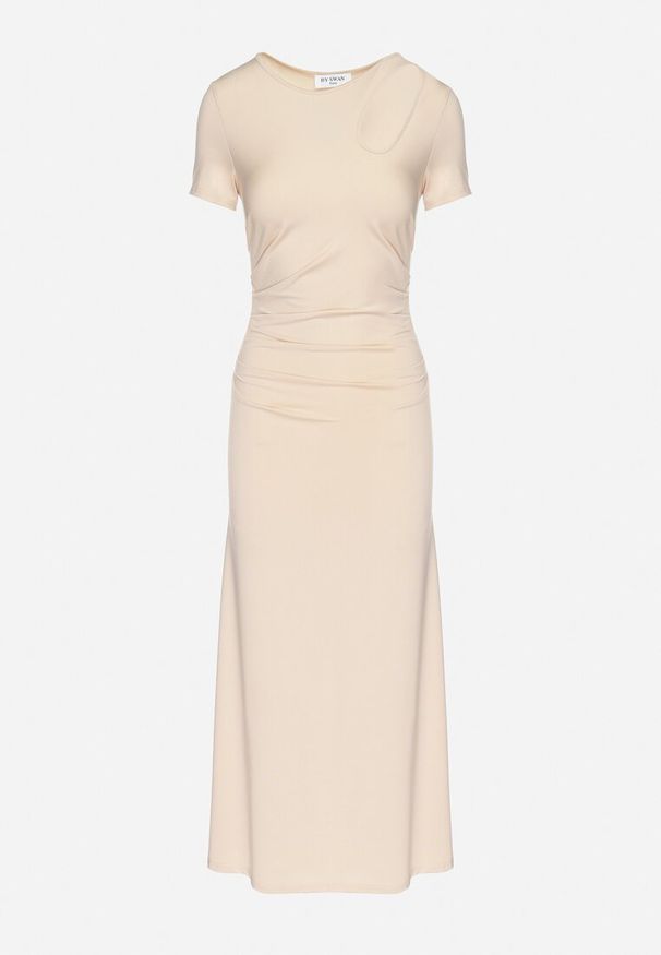 Born2be - Jasnobeżowa Sukienka o Dopasowanym Fasonie z Lekkimi Marszczeniami Aporea. Okazja: na co dzień. Kolor: beżowy. Długość rękawa: krótki rękaw. Sezon: wiosna, lato. Typ sukienki: dopasowane, sportowe. Styl: casual, elegancki, sportowy