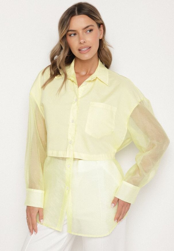 Born2be - Żółta Koszula z Transparentnymi Rękawami Silomea. Okazja: na co dzień. Kolor: żółty. Materiał: jeans. Wzór: aplikacja. Styl: casual