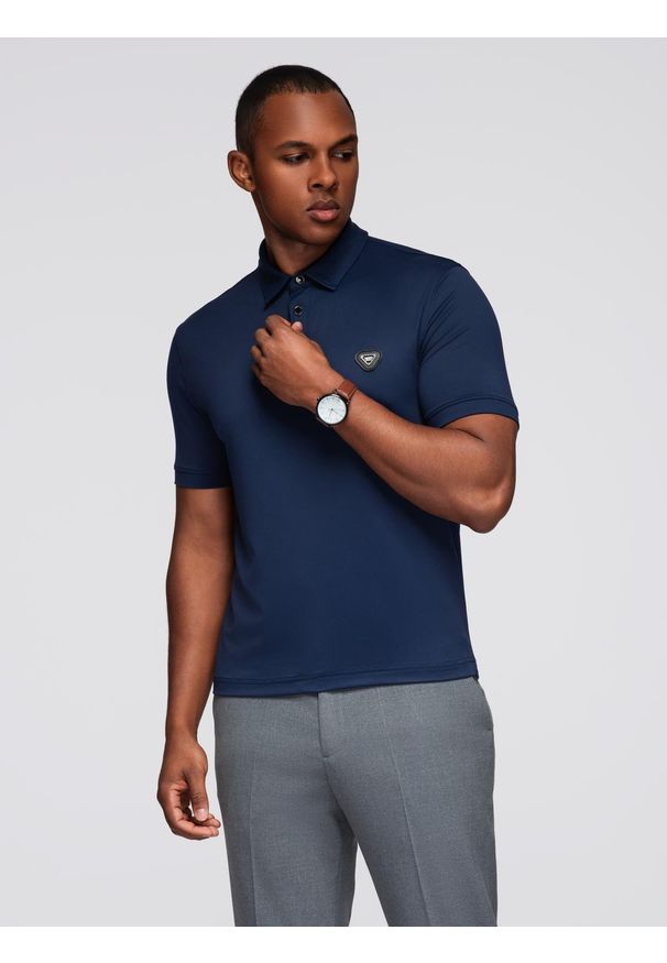 Ombre Clothing - Stylowa męska koszulka polo z elastycznej tkaniny – granatowa V3 - Rozmiar: M. Typ kołnierza: polo. Kolor: niebieski. Materiał: tkanina. Wzór: gładki. Styl: elegancki