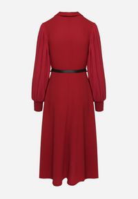 Born2be - Bordowa Rozkloszowana Sukienka Kopertowa z Bufiastymi Rękawami i Paskiem Naliris. Okazja: na co dzień. Typ kołnierza: dekolt w kształcie V. Kolor: czerwony. Materiał: skóra. Typ sukienki: kopertowe. Styl: casual #4