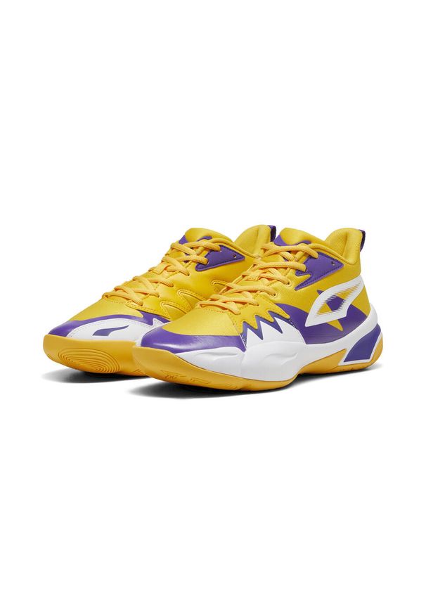 Puma - Buty do koszykówki Genetics PUMA Yellow Sizzle White. Zapięcie: sznurówki. Kolor: żółty, biały, wielokolorowy. Materiał: materiał, syntetyk, tkanina. Szerokość cholewki: normalna. Sport: koszykówka