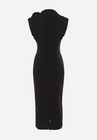 Born2be - Czarna Sukienka Midi Dopasowana z Ozdobną Broszką w Kształcie Kwiatka Agnolia. Kolor: czarny. Wzór: kwiaty. Styl: klasyczny. Długość: midi #4