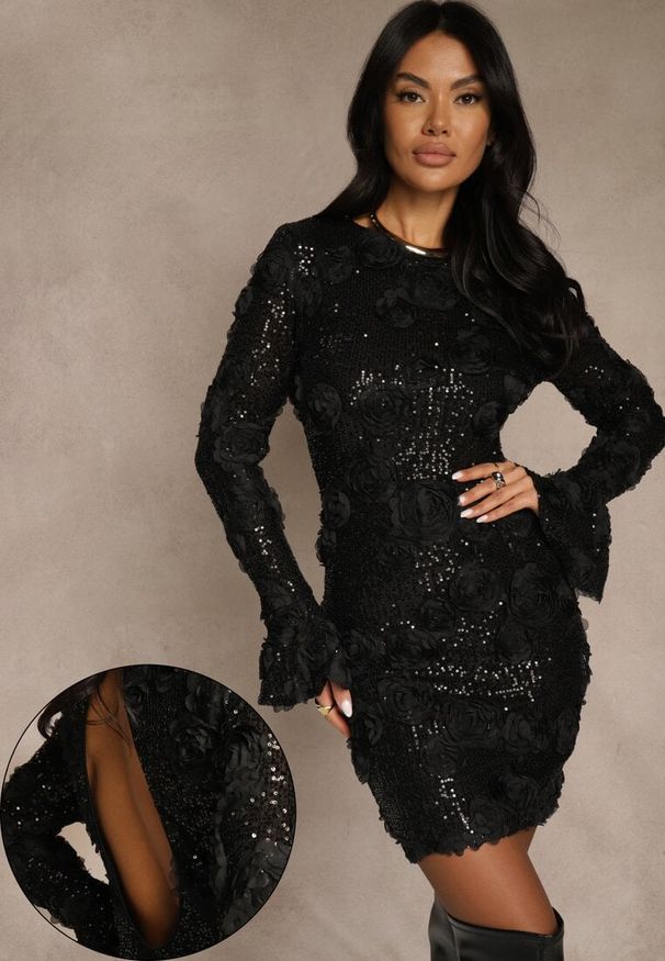 Renee - Czarna Dopasowana Sukienka Ozdobiona Cekinami i Kwiatami 3D Raweda. Okazja: na co dzień, na imprezę. Kolor: czarny. Materiał: poliester. Wzór: aplikacja, kwiaty. Sezon: wiosna. Styl: casual. Długość: midi