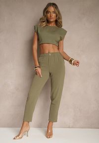 Renee - Zielone Klasyczne Spodnie Regular Waist z Gumką w Pasie Tilomira. Okazja: na co dzień. Kolor: zielony. Styl: klasyczny #5
