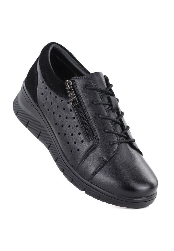 Skórzane półbuty damskie ażurowe na koturnie czarne Vinceza 39977. Okazja: na co dzień. Kolor: czarny. Materiał: skóra. Wzór: ażurowy. Obcas: na koturnie. Styl: casual, sportowy