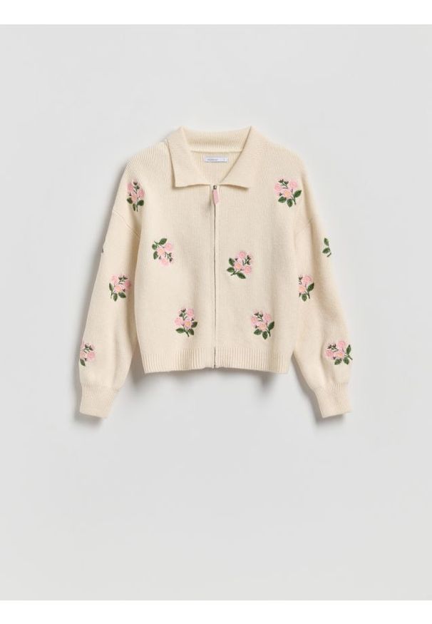 Reserved - Rozpinany sweter z kołnierzykiem - kremowy. Kolor: kremowy. Materiał: dzianina