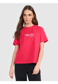 4f - 4F T-shirt boxy z nadrukiem damski - czerwony XS. Okazja: na co dzień. Kolor: czerwony. Materiał: dzianina, bawełna, materiał. Wzór: nadruk. Styl: casual #1