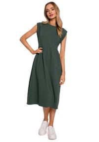 MOE - Bawełniana Midi Sukienka z Podwyższonym Stanem - Zielona. Kolor: zielony. Materiał: bawełna. Długość: midi