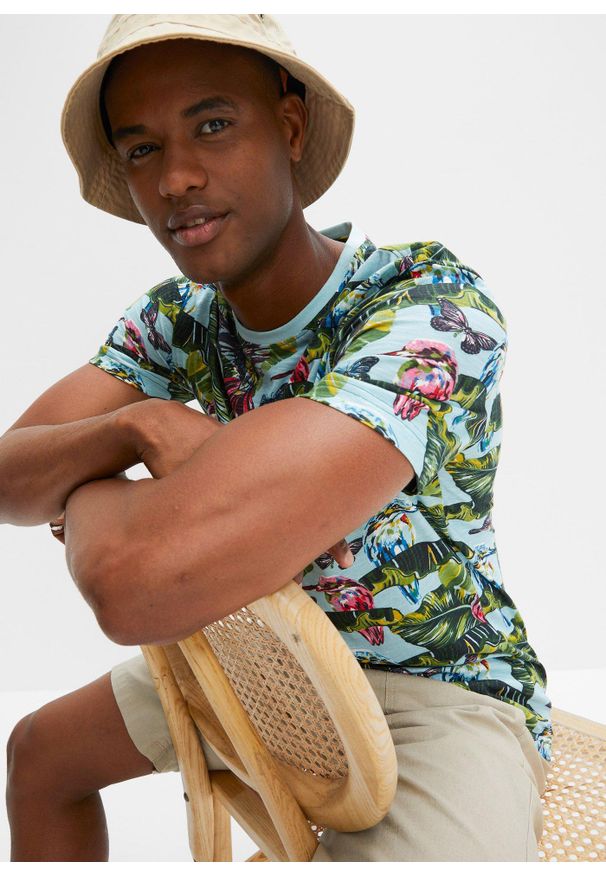 bonprix - T-shirt z czystej bawełny organicznej. Kolor: niebieski. Materiał: bawełna. Wzór: nadruk, aplikacja. Sezon: lato