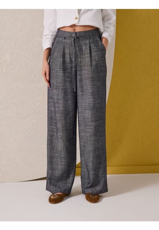 Sinsay - Spodnie wide leg z domieszką lnu - niebieski. Kolor: niebieski. Materiał: len
