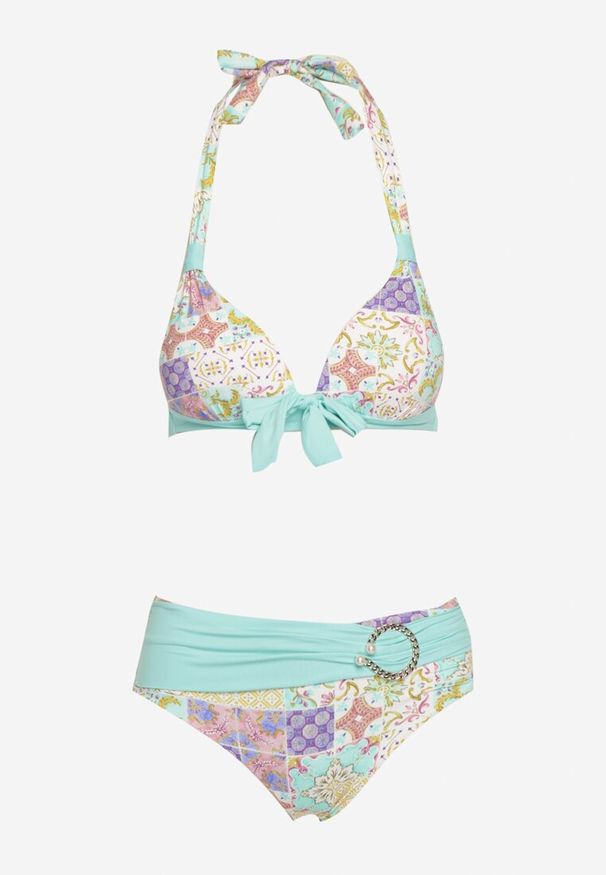 Renee - Niebiesko-Beżowe Bikini w Mozaikowy Wzór z Biżuteryjną Klamerką Vextella. Kolor: niebieski