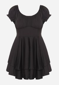 Born2be - Czarna Sukienka z Bawełną Bufiastymi Rękawami i Falbankami Maveleira. Typ kołnierza: kołnierz z falbankami. Kolor: czarny. Materiał: bawełna. Styl: elegancki