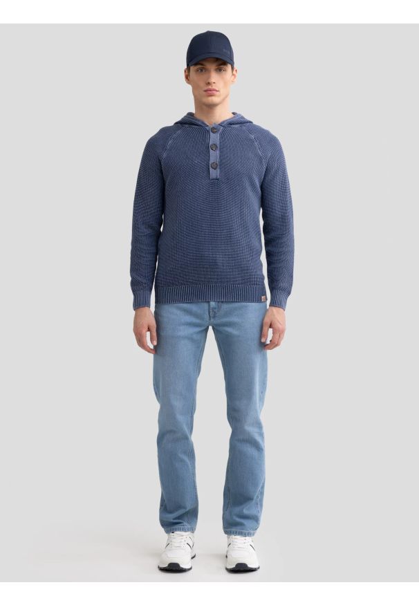 Big-Star - Sweter męski z kapturem granatowy Carlson 403. Typ kołnierza: kaptur. Kolor: niebieski. Materiał: jeans, materiał, bawełna. Wzór: ze splotem. Styl: elegancki, vintage, wizytowy