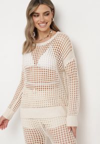 Born2be - Beżowa Ażurowa Bluzka z Szydełkowej Dzianiny Zavara. Okazja: na co dzień. Kolor: beżowy. Materiał: dzianina. Wzór: ażurowy. Styl: casual, elegancki #4