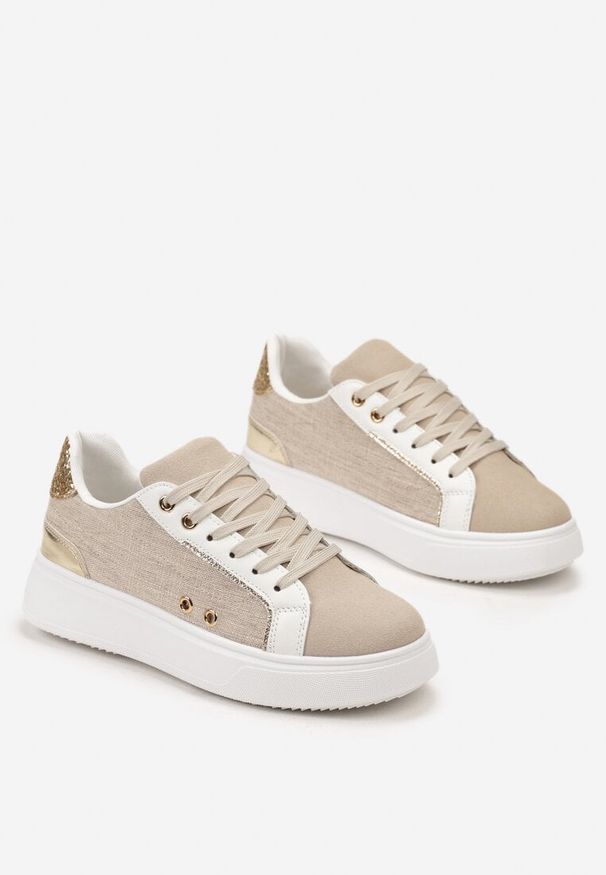 Renee - Beżowe Sneakersy z Metalicznymi Wstawkami na Grubej Podeszwie Amoone. Okazja: na co dzień. Kolor: beżowy. Sport: turystyka piesza