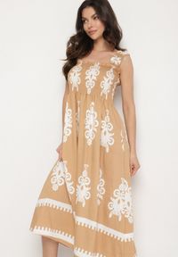 Born2be - Ciemnobeżowa Wiskozowa Sukienka o Rozkloszowanym Kroju w Ornamentny Wzór Adoxie. Okazja: na spacer, na co dzień. Kolor: beżowy. Materiał: wiskoza. Długość rękawa: na ramiączkach. Typ sukienki: rozkloszowane, proste. Styl: casual, klasyczny #5