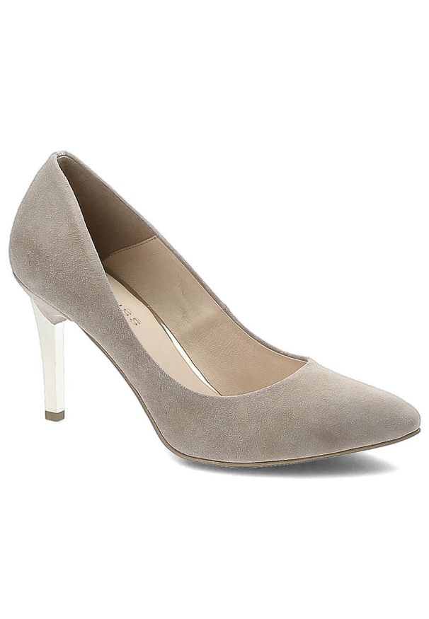 DAMISS - Beżowe Czółenka Damiss Eleganckie Buty Damskie Na Szpilce. Zapięcie: bez zapięcia. Kolor: beżowy. Materiał: skóra, zamsz. Szerokość cholewki: normalna. Wzór: aplikacja. Obcas: na szpilce. Styl: elegancki