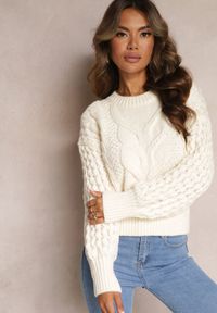 Renee - Jasnobeżowy Sweter z Wełną i Bawełną w Warkoczykowy Splot Kestina. Kolor: beżowy. Materiał: bawełna, wełna. Wzór: ze splotem. Styl: klasyczny #7