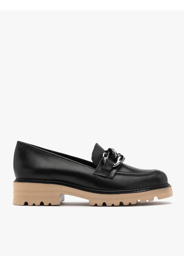 Ryłko - Czarne mokasyny z ozdobnym łańcuchem. Nosek buta: okrągły. Kolor: czarny. Materiał: skóra. Styl: street