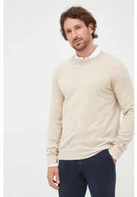 Trussardi Jeans - Trussardi sweter wełniany męski kolor beżowy lekki. Kolor: beżowy. Materiał: wełna. Długość rękawa: długi rękaw. Długość: długie