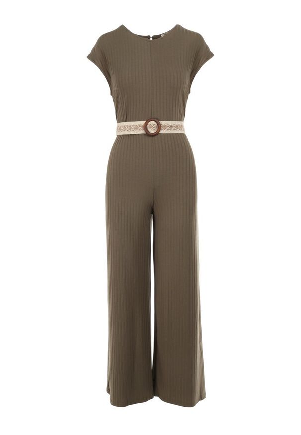 Born2be - Ciemnozielony Kombinezon z Paskiem Thalaera. Kolor: zielony. Materiał: dzianina, prążkowany. Długość rękawa: krótki rękaw. Długość: krótkie. Wzór: jednolity. Sezon: lato. Styl: boho