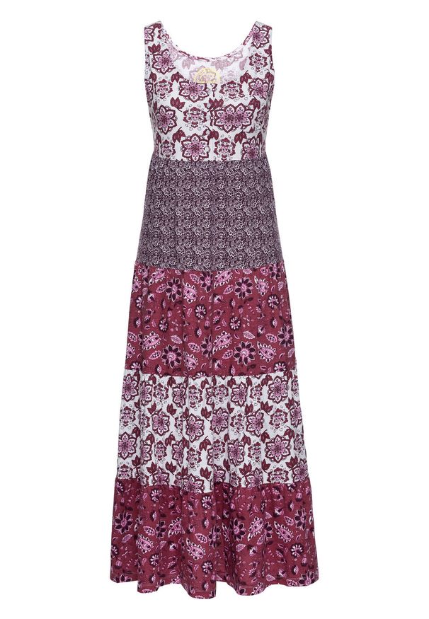 Długa sukienka bawełniana z dżerseju bonprix jeżynowy wzorzysty. Kolor: fioletowy. Materiał: jersey, bawełna. Długość: maxi