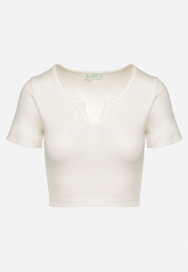 Born2be - Beżowy Bawełniany T-shirt z Prążkowanego Materiału Linalora. Okazja: na spotkanie biznesowe, na co dzień. Kolor: beżowy. Materiał: bawełna, prążkowany, materiał. Styl: elegancki, biznesowy, klasyczny, casual