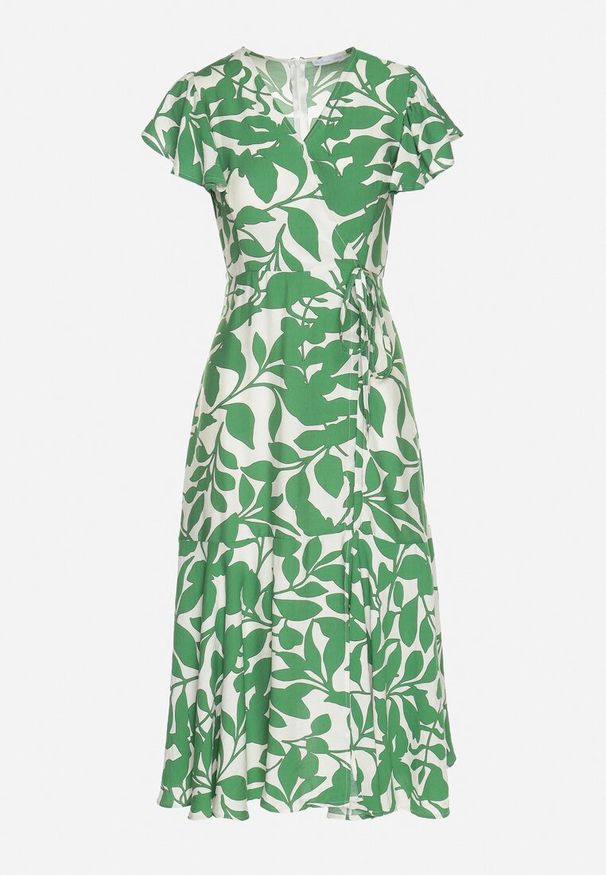 Born2be - Jasnozielona Rozkloszowana Sukienka z Wiązaniem w Roślinny Wzór Janitaie. Okazja: na co dzień. Typ kołnierza: dekolt w serek. Kolor: zielony. Materiał: jeans. Długość rękawa: krótki rękaw. Styl: casual, elegancki, klasyczny