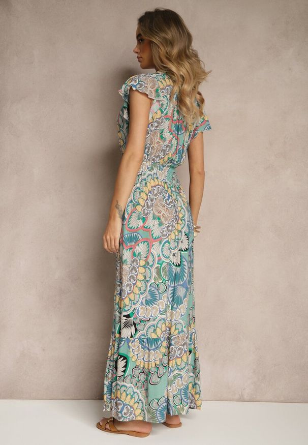 Renee - Zielono-Żółta Sukienka z Bawełny w Stylu Boho z Kopertowym Dekoltem Dillana. Kolor: zielony. Materiał: bawełna. Wzór: aplikacja. Typ sukienki: kopertowe. Styl: boho. Długość: maxi