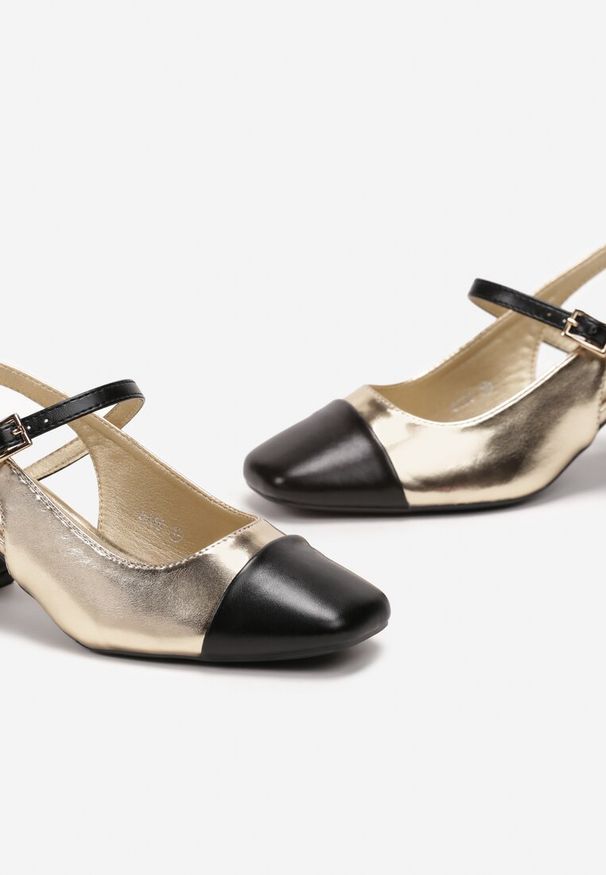 Born2be - Złote Czółenka na Niskim Słupku z Kwadratowym Noskiem Calida. Kolor: złoty. Obcas: na słupku