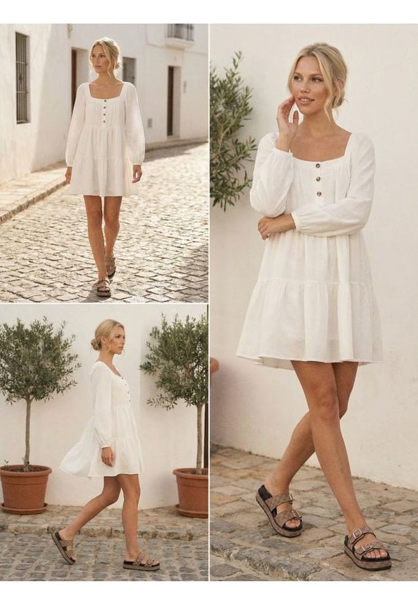 Sinsay - Rozkloszowana sukienka mini z dekoltem karo i guzikami z przodu - kremowy. Typ kołnierza: dekolt w karo. Kolor: kremowy. Długość: mini