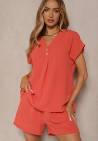 Renee - Pomarańczowy Komplet z Wiskozą T-shirt z Ozdobnymi Guzikami i Szorty Niterela. Kolor: pomarańczowy. Materiał: wiskoza