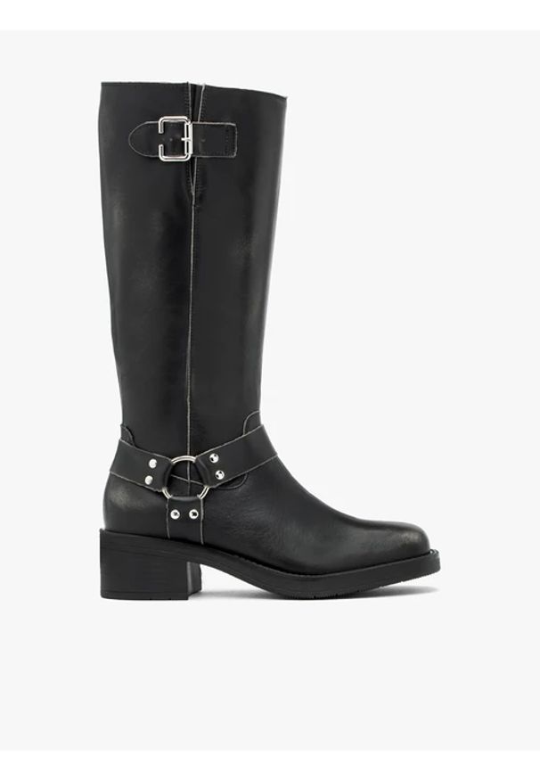 Ryłko - Czarne kozaki biker boots ze skóry licowej. Okazja: na co dzień. Zapięcie: zamek. Kolor: szary. Materiał: skóra. Szerokość cholewki: normalna. Obcas: na obcasie. Styl: rockowy, street, casual. Wysokość obcasa: średni