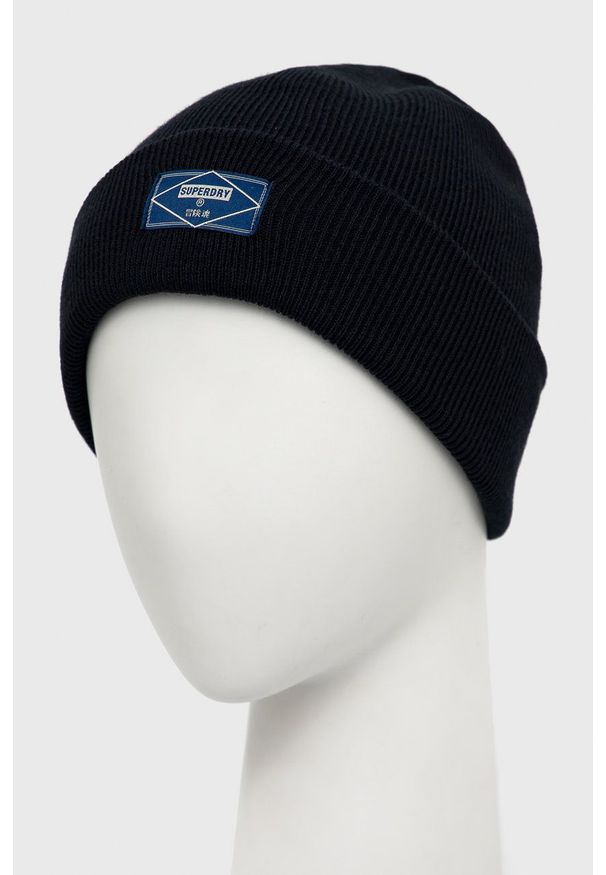 Superdry Czapka kolor granatowy z cienkiej dzianiny. Kolor: niebieski. Materiał: dzianina