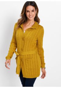 Długi sweter rozpinany bonprix żółty musztardowy. Kolor: brązowy. Długość: długie #4